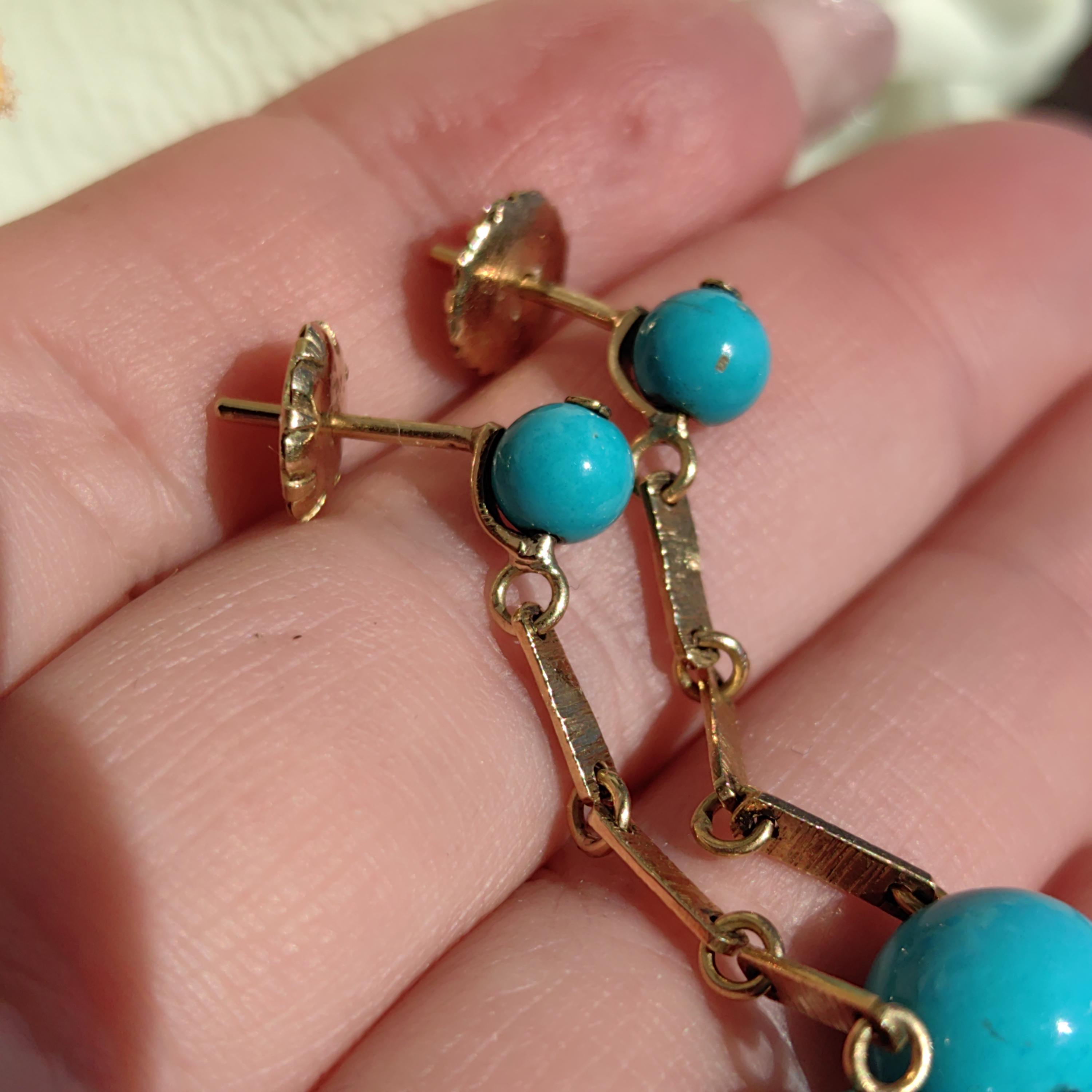 Boucles D'oreilles En Or Jaune 18 Carats Avec Turquoise Naturelle - Vintage, Occasion Très Bon état