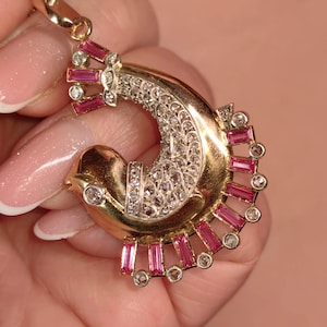 Art Deco 1940s Dolphin Pendant featuring diamonds, pink baguette stones srubies, and solid 18K yellow gold gift for her mom anniversary girl