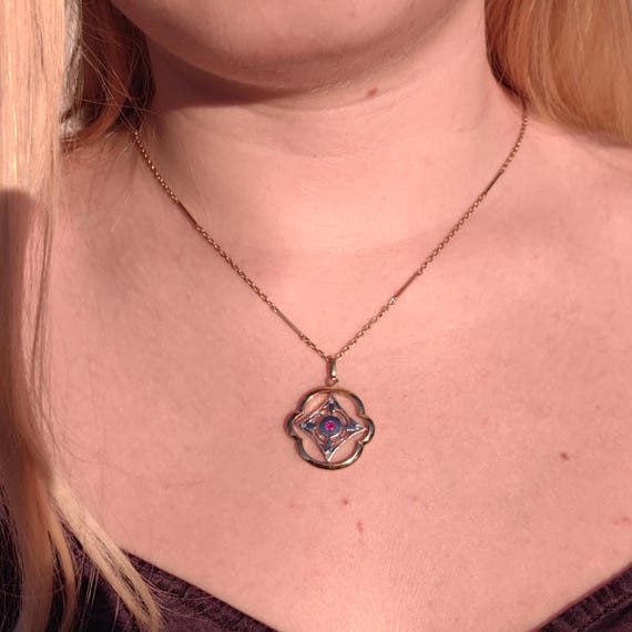 Art Nouveau Diamond Ruby Pendant 18k Solid Yellow… - image 2