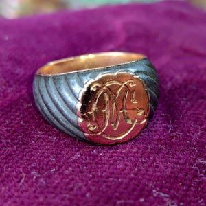 Victorian 1880s Extremely Rare Antique Vintage Ring 14k Gold and Steel Familiar Coat of Arms Initial Seal Signet Ring