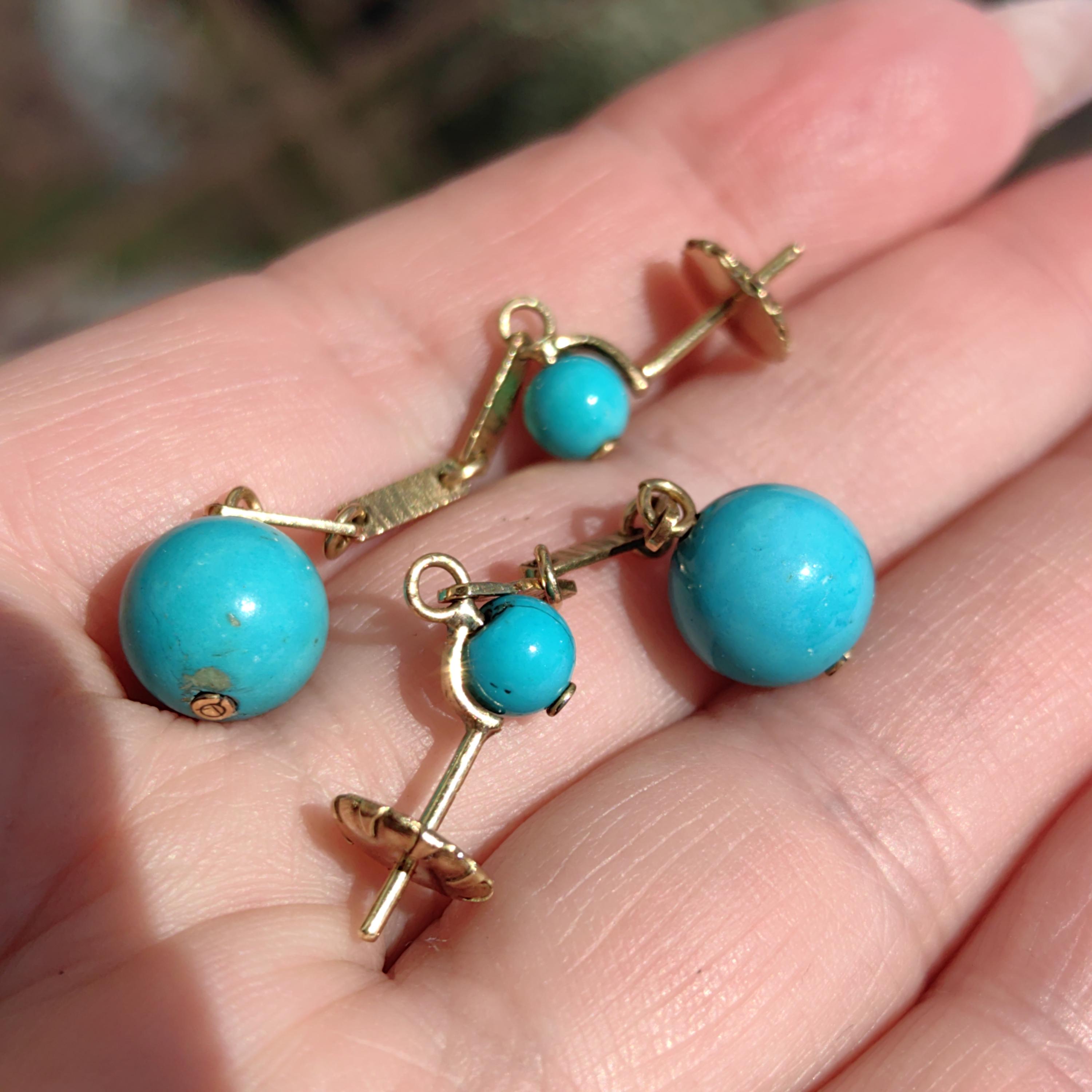 Boucles D'Oreilles Clous En Or Jaune 18 Carats (750) Avec Turquoise Naturelle - Vintage - Occasion TB état