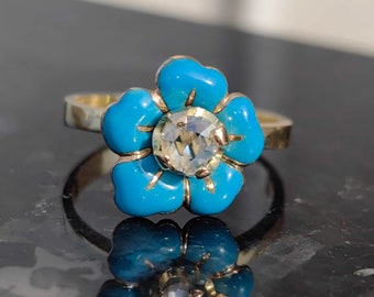 Victorian solid yellow gold  14k ct Hallmarked 3.3 grams 1880s turquoise colour fire enamel Holland cut Solitaire Diamond  Floral Ring