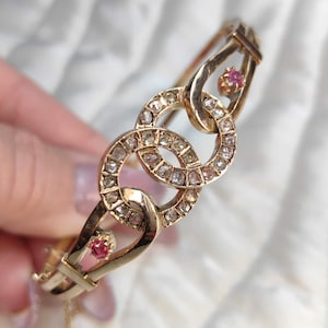 Ruby Rose cut Diamond Original 1900 Edwardian Art Nouveau Solid yellow gold bracelet bangle, Gift for her, floral dainty bracelet