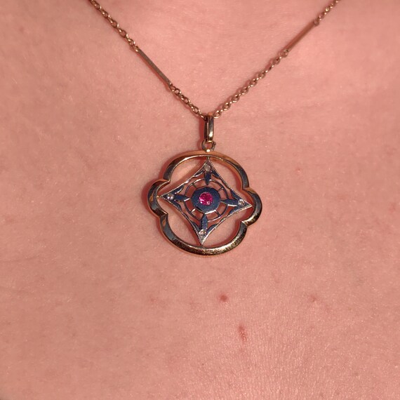 Art Nouveau Diamond Ruby Pendant 18k Solid Yellow… - image 6