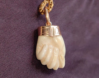 Victorian Bone and Solid Yellow 14k Gold Hand Carved Fist Fortune Pendant Charm