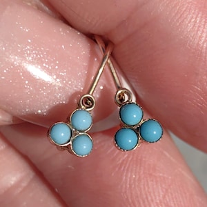 Antique 1900s Turquoise blue three stones 14k Gold Art Nouveau Hallmarked Floral Dainty Earrings Blue treff slippers Dormeuses gift for her