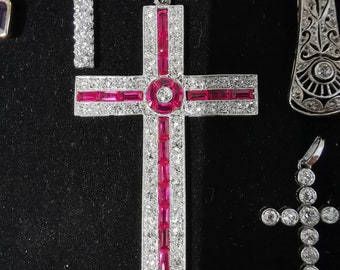 Huge Diamond and Ruby Platinum Vintage Edwardian Cross Pendant