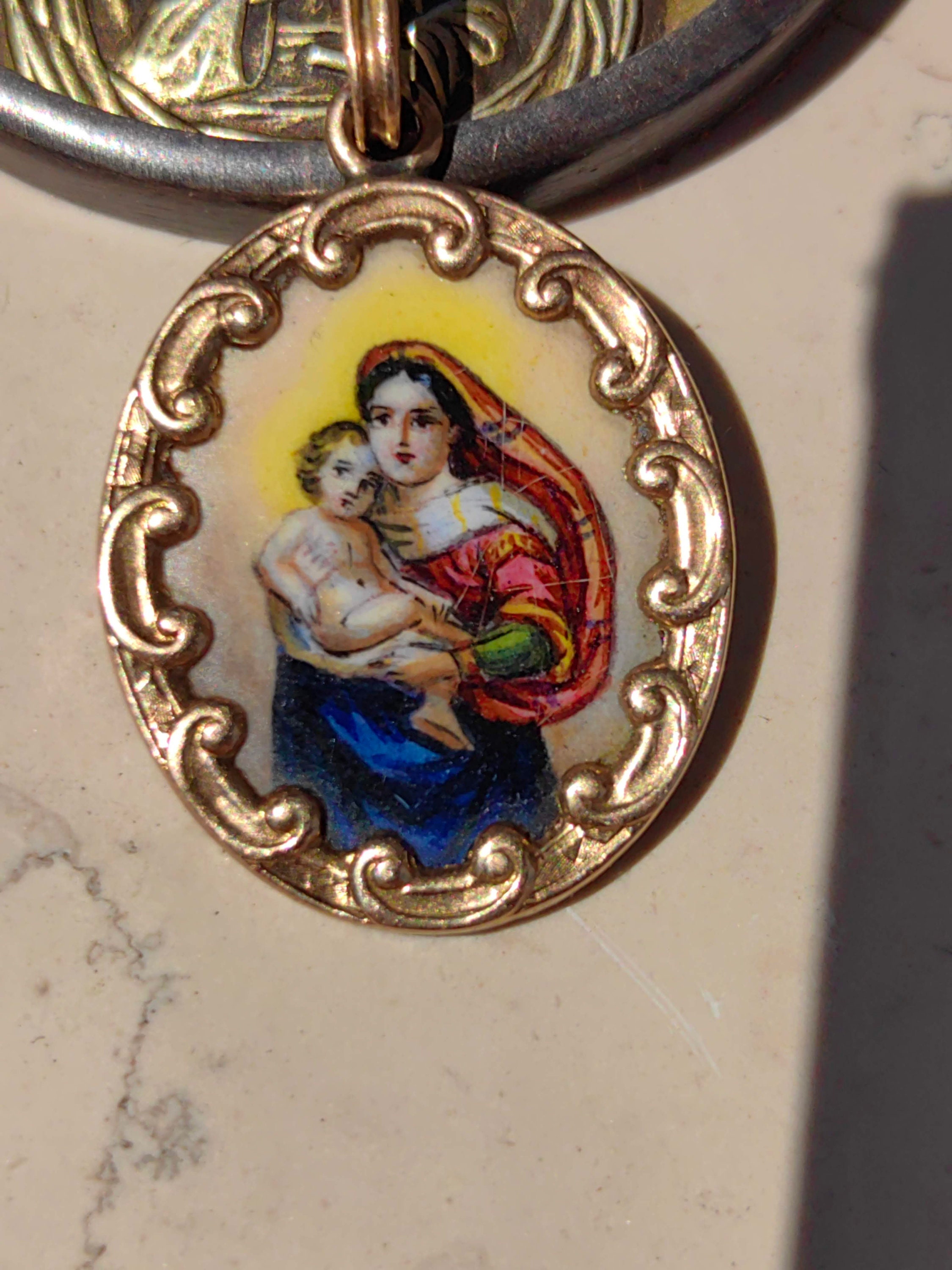 Art Nouveau 1900s Antique Vintage Virgin Mary Madonna 14K Solid Yellow Gold Hand Painted Fire Enamel Miniature Pendant Guard Protection