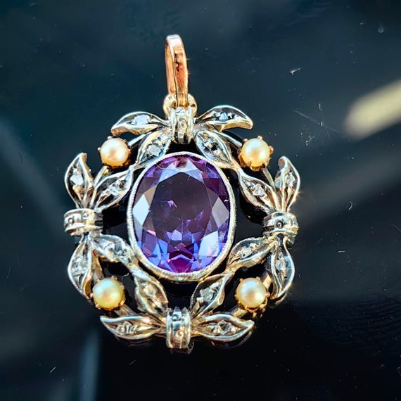 Art Nouveau 1900s Amethyst Rose Diamond Diamond a… - image 1