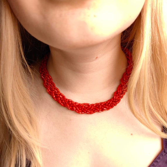 Vintage 1940s Antique Vintage Bright Red Coral Be… - image 5