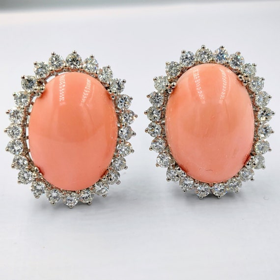 Vintage 1960s Angel Skin Coral Diamond Stud Earrings, 18k White Gold