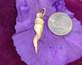 Victorian Bone and Solid Yellow 14k Gold Hand Carved Horn Fortune Pendant Charm