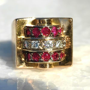 Bague tank/chevalier art déco française en or 18 carats : rubis naturel, bijoux tendance diamants des années 1920, cadeau élégant et luxueux, antiquité originale unisexe