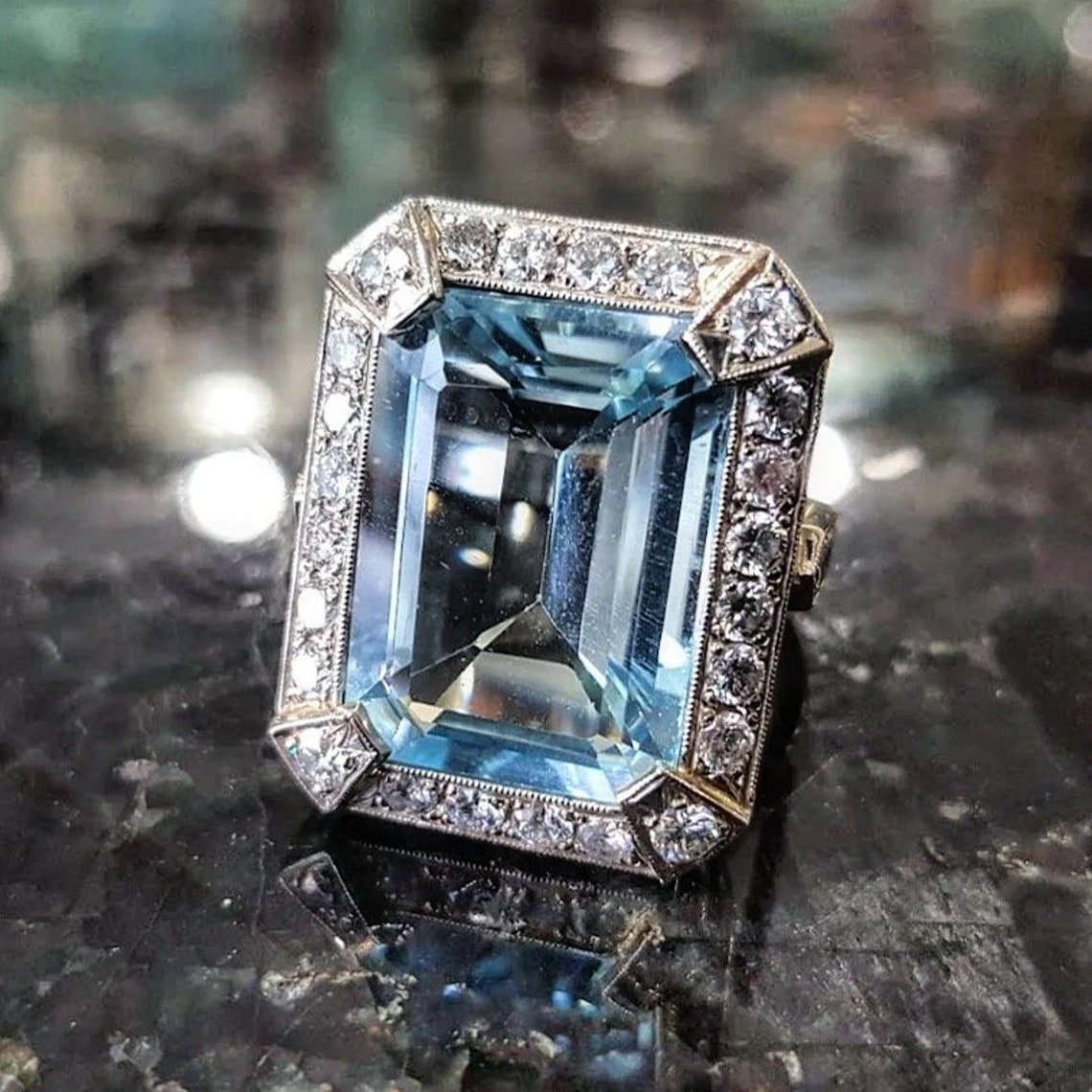 Art Deco Huge Aquamarine and Diamond Gold Ring 1920s - Etsy
