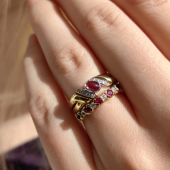 18k Yellow Gold Ruby Diamond Ring - Stackable Wed… - image 6
