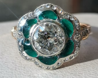 Art Deco 1920s Antique Vintage 2.15ct Diamond and Enamel Petal 14k Solid Yellow Gold Floral Engagement Ring, Old European cut Diamond Ring