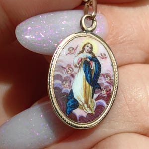 Virgin Mary Madonna Charm, 14K Solid Yellow Rose Gold  Hand Painted Fire Enamel Antique Vintage 1900s Art Nouveau Religious Catholic Pendant