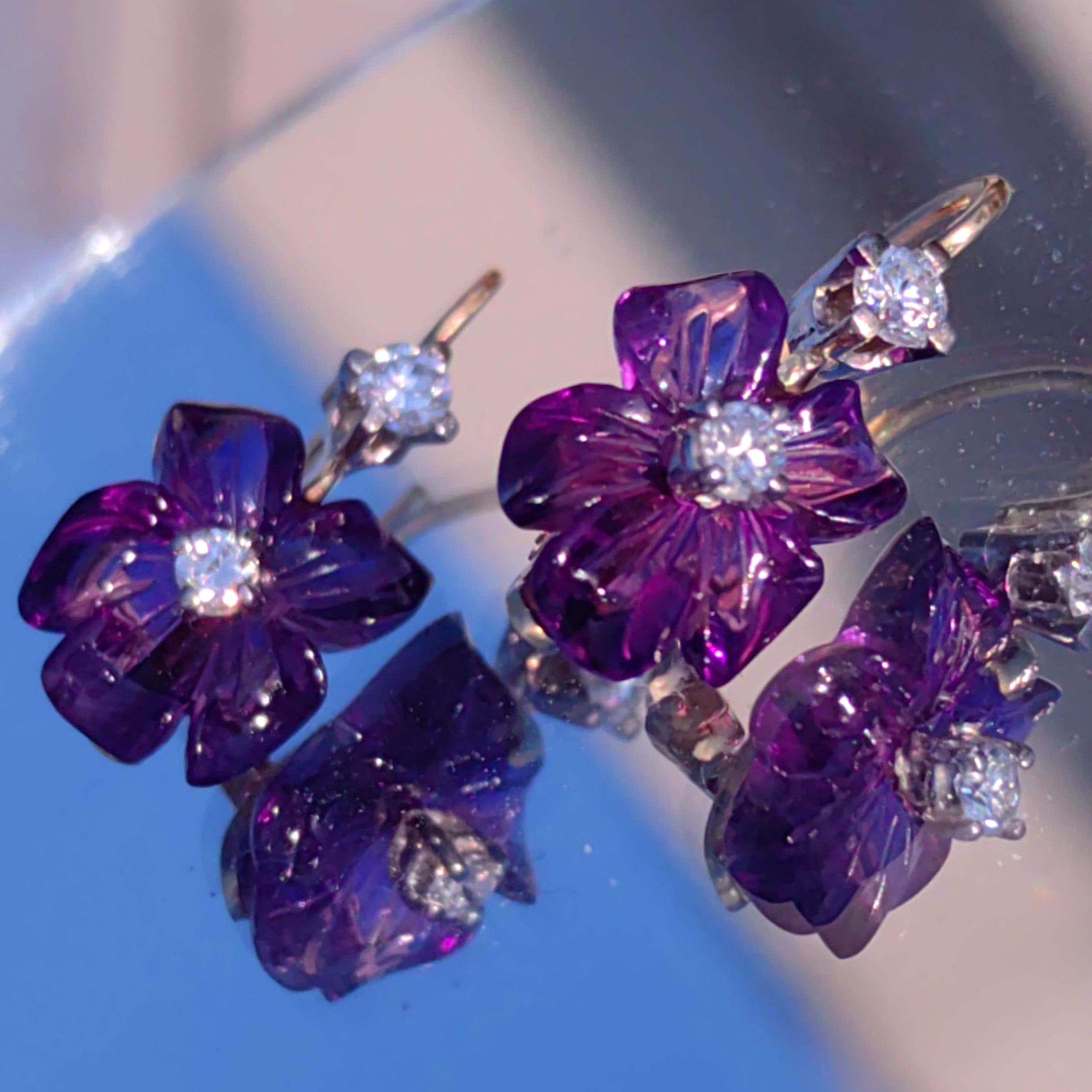 Boucles D'oreilles Dormeuses Anciennes En Or 18 Carats Et Argent Avec Améthyste Violette - Style Napoléon III