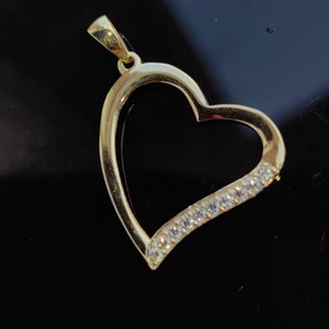 Vintage Solid Yellow 9k Hallmarked Gold  Heart Shaped Pendant, curved heart gokd frame with Cubic Zirconia, love gift, lovely lover present,