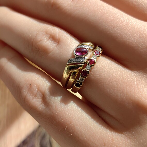 18k Yellow Gold Ruby Diamond Ring - Stackable Wed… - image 8