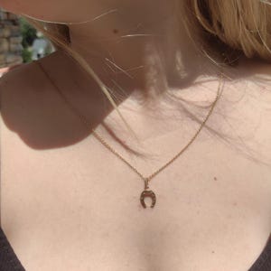 May include: A gold-colored necklace with a horseshoe pendant. The horseshoe charm is small and detailed, with a curved shape and small embellishments. The necklace chain is delicate and thin, and the pendant hangs at the center.