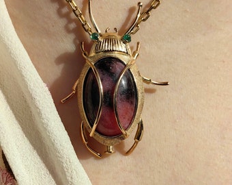 Antique Large Bug Heavy solid gold Jasper and Emerald Insect Pendant Brooch