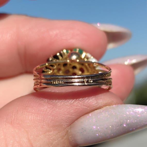 14k Gold Multi-Stone Bombe Ring: Emerald, Ruby, O… - image 4