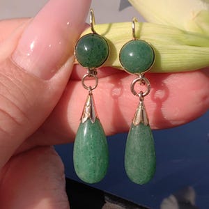 Aventurine Green Stone 14k Yellow Gold Dangle Earrings, Art Deco 1930s Antique Vintage Earrings