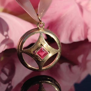 1900s Solid 14k Gold Pendant, Art Nouveau Lab Made Ruby Medal, Liberty Style gold Medallion,