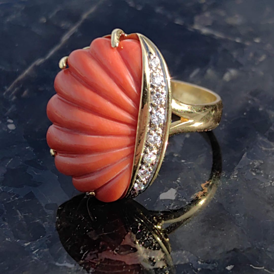 Shell Inspired Diamond Rings Hand Carved Shell Shaped Red Mediterranean Coral Diamond 18k Solid ...