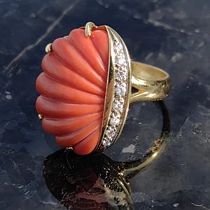 Shell hand carved Coral and  Diamond Solid 18k Yellow Gold Ring, natural coral Statement Ring, Coral and Diamond Vintage Ring