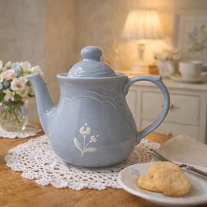 Vintage Pfaltzgraff Village Tea Server No. 490 Blue Gray Stoneware Coffee Pot Teapot USA