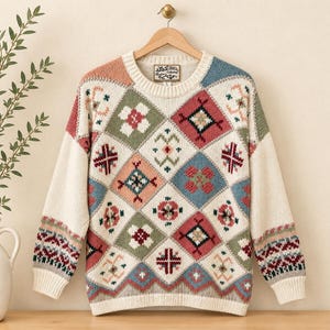 May include: A long-sleeve knit sweater featuring a cream base with a multi-colored diamond pattern in shades of dusty rose, sage green, and slate blue. The design includes intricate geometric motifs within each diamond, a ribbed crew neckline, and ribbed cuffs.