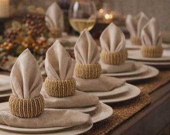 Vintage Gold Glass Beaded Napkin Rings Set of 8 Bohemian Glam Holiday Elegant