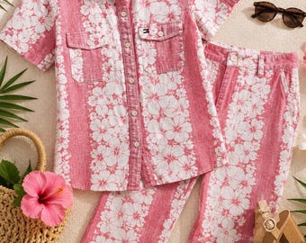 Vintage Tommy Hilfiger Jeans Pink Hawaiian Floral Set Womens M Shirt Capri's Y2K Resort