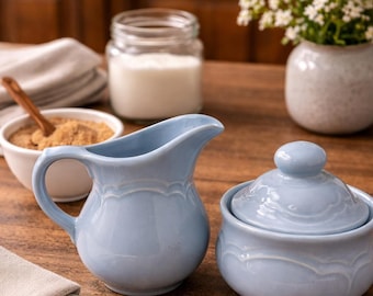 Vintage Mikasa Creamer Sugar Bowl Set, Country French Stoneware, Soft Blue Ceramic