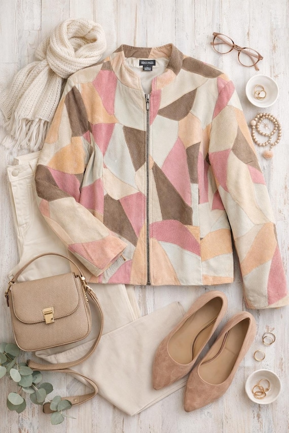Vintage Multiples Patchwork Leather Jacket Pastel… - image 1