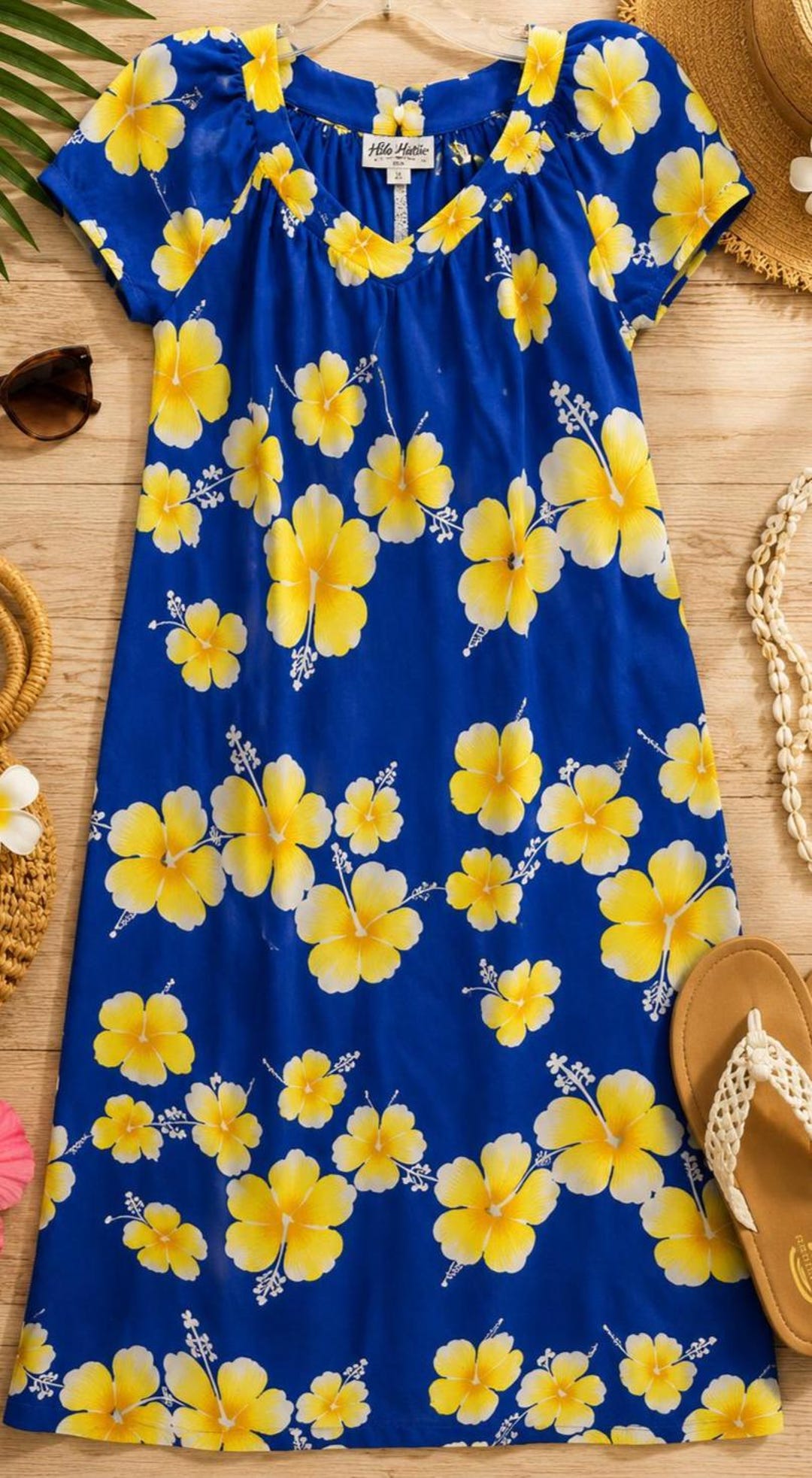 Vintage Hilo Hattie Hawaiian Dress Blue Yellow Hibiscus Floral Maxi ...