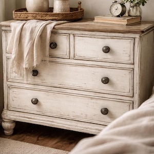 May include: A distressed white wooden dresser with four drawers and dark knobs. A woven tray, vases, a clock, and a folded cloth sit on top. The dresser has a light brown wooden top and is set against a neutral background.