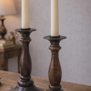 May include: Two dark brown wooden candlesticks with lit ivory candles. The candlesticks have a classic design with a wide base, a slender stem, and a circular top to hold the candle. The flames are bright and warm.