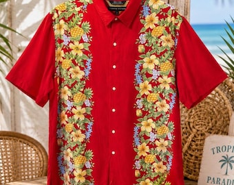 Vintage Tommy Hilfiger Hawaiian Shirt Men’s Large Red Tropical Pineapple Hibiscus Camp Shirt