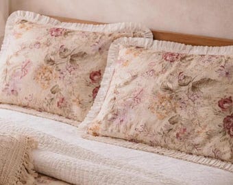 Vintage Cottage Rose King Pillow Shams Pair Ruffled Floral Shabby Chic Bedding
