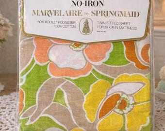 Vintage 1970s Springmaid Marvelaire Twin Fitted Sheet Mod Floral Bedding Retro Art Nouveau NOS
