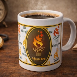 May include: A white ceramic mug filled with steaming coffee, featuring a design commemorating the 1996 Atlanta Olympics. The mug has a handle and is decorated with the Olympic torch, rings, and text. A vintage clock and pocket watch are in the background.