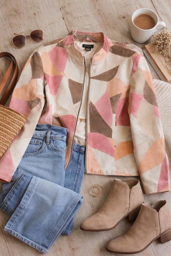 Vintage Multiples Patchwork Leather Jacket Pastel… - image 10