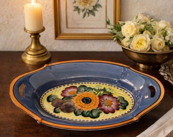 Vintage Noritake Hand-Painted Oval Serving Dish Floral Blue Handles Japan 10”
