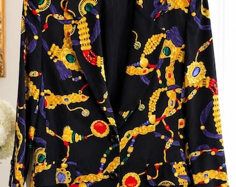 Vintage Ellen Tracy Silk Baroque Jewel Chain Print Blazer Jacket Women’s 10P Old Money