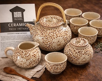 Ten Thousand Villages Sake Tea Set: Vietnam Paisley Floral Ceramic Fair Trade Teapot Cups
