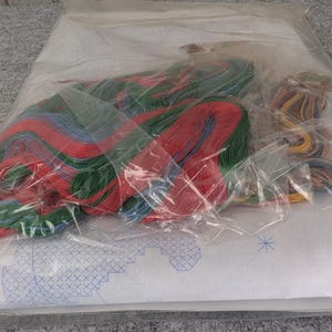 Puede incluir: Un kit de punto de cruz en una bolsa de pl&aacute;stico transparente. El kit incluye madejas de hilo de bordar rojo, verde y azul, junto con una pieza de tela blanca con un patr&oacute;n de punto de cruz azul. Tambi&eacute;n se incluye hilo adicional en varios colores.