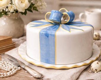 Vintage Alabaster Portugal Ceramic Cake Dome & Plate | Blue Ribbon Bow Covered Cake Stand